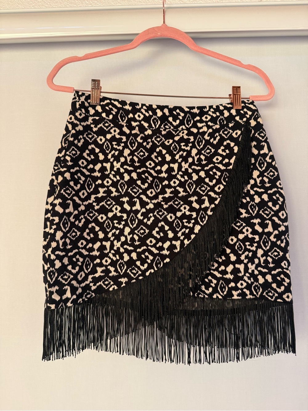 Zara Black and Cream Fringe Wrap-Style Mini Skirt